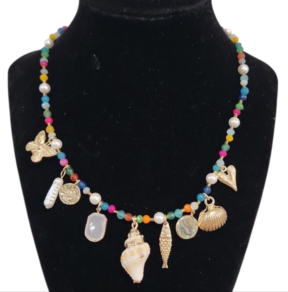 💛▪ATTERRI Semi Precious Stone Genuine Shell  Multicolor Charm Nautical Necklace